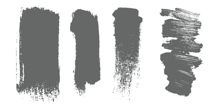 Set of four vertical grey grunge paint brush strokes with rough distressed texture vector illustration.