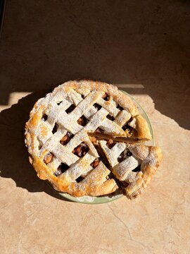 Traditional homemade apple lattice pie dusted with powdered sugar on a plate, top view.