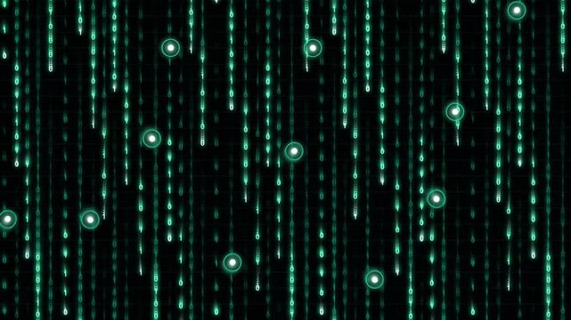 Digital binary code matrix with glowing circular highlights effect