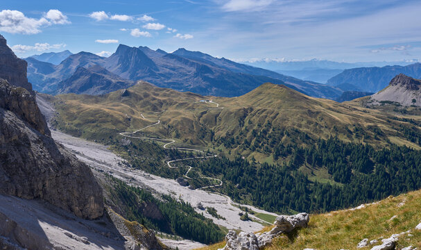 A breathtaking panorama of the Dolomites. The hiking trail from Passo Rolle and Baita Segantini leads into the high mountains of Paneveggio Pale di San Martino national park. Active mountain lifestyle