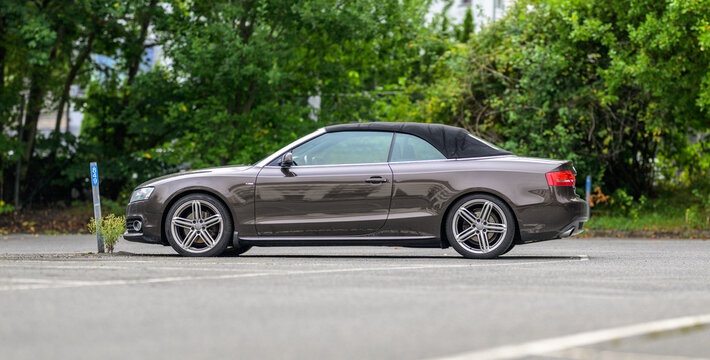 Gothenburg, Sweden - August 29 2026: Gray Audi A5 Cabriolet luxury convertible parked outdoors.