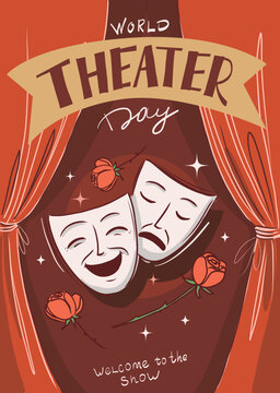 Theater day, poster. Vector illustration of red theater curtains,  mask, invitation, flyer or background