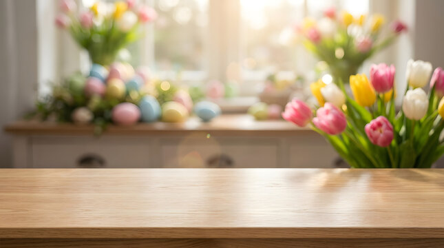 Springtime easter display with colorful flowers on wooden surface