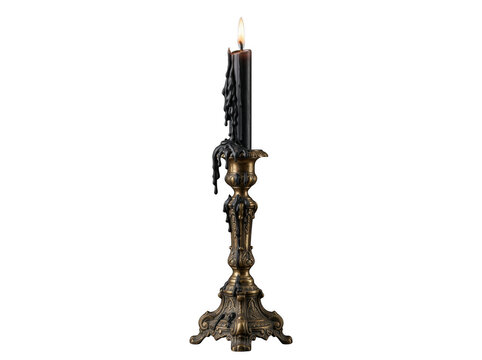 A single lit black candle burning in an ornate antique dark metal candlestick holder for gothic home decor isolated on transparent background