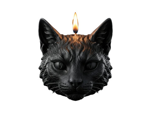 A black cat head shaped candle with a small burning flame on the top for a mystical and spooky atmosphere isolated on transparent background