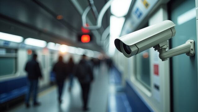 Modern security surveillance camera mounted inside a public subway train passenger carriage