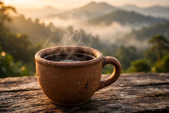 AI-generated photorealistic traditional Indonesian clay coffee cup with steaming hot coffee on rustic wooden table, misty mountain sunrise background