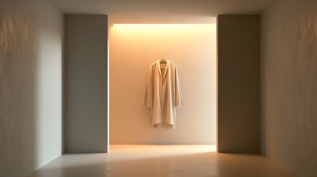 Minimalist beige coat on hanger in empty niche with warm hidden LED lighting, calm interior and slow fashion concept with copy space