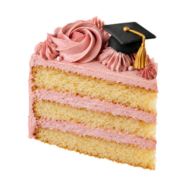 A delicious slice of layered vanilla cake topped with pink frosting and a graduation cap topper
