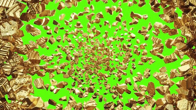 Golden Bitcoin Coin Slowly Disintegrating into Tiny Particles on Green Screen.