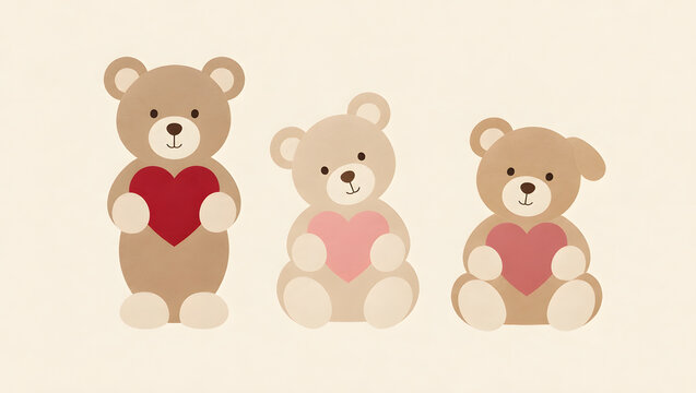 Cute teddy bears holding hearts in a simple illustration  