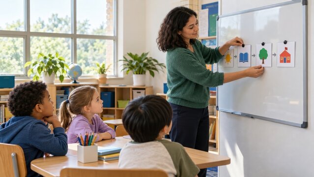 Teacher showing illustrated cards to attentive elementary students during a classroom lesson with colorful desks, plants, windows, and whiteboard in a school setting
