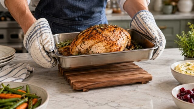 Roast turkey in a metal pan held with oven mitts over a wooden trivet, surrounded by vegetables and side dishes in a home kitchen setting