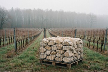 Naklejka premium Pallet of natural stones sits in vineyard on foggy morning. Large rocks in metal crate ready for masonry work building stone wall. Heavy construction material sits on grass near grape vines in rural