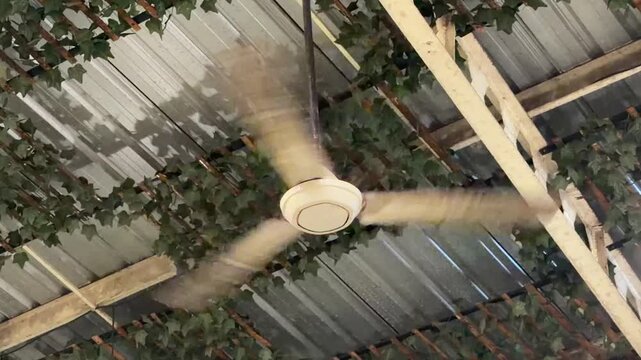 Rotating Ceiling Fan under Corrugated Metal Roof with Copy Space 4K