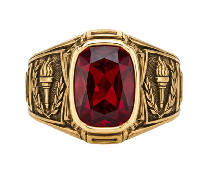 Ornate gold class ring featuring a large rectangular red gemstone isolated on white background