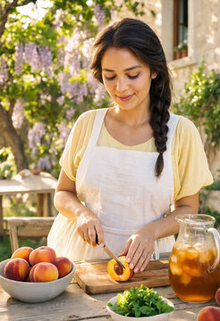 Smiling woman in a white apron slices ripe peaches on a wooden board outdoors in a sunlit rustic garden. A pitcher of iced juice, fresh mint and fruit bowl highlight a warm summer moment countryside