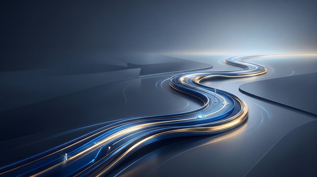 3D futuristic road map with moving lights on winding highway in
