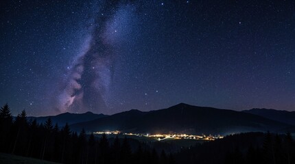 Fototapeta premium Starry night sky with Milky Way galaxy over dark mountain silhouette. Small village lights glow in valley below pine forest. Beautiful cosmic landscape shows bright stars, nebula, peaceful mountain