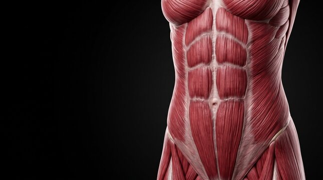 Detailed 3D medical illustration of the human abdominal muscle structure showing rectus abdominis and external obliques on a black background