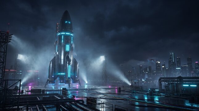 A sleek futuristic rocket stands on a wet launchpad at night against a backdrop of a neon-lit cyberpunk cityscape with dramatic spotlights