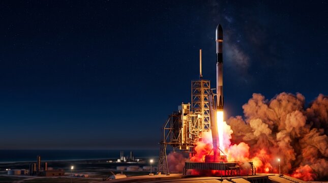 A space rocket lifting off from a coastal launchpad at night with intense fire and smoke under a starry sky