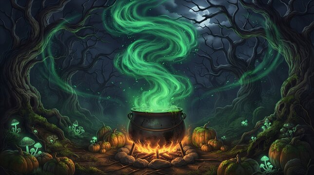 Witch cauldron with swirling green magic in dark forest