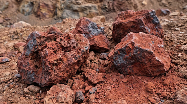 Hematite red iron oxide rocks on the ground in a mining site  