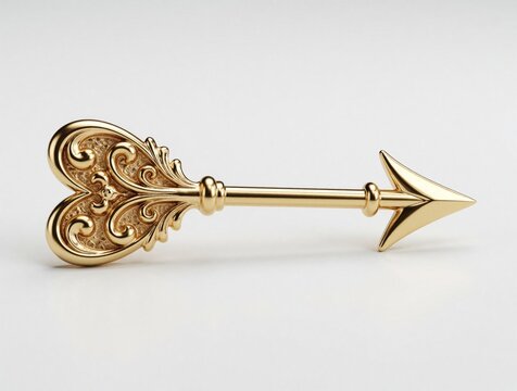 Ornate golden key shaped like arrow on white background. Shiny metal symbol of success, wealth, achievement. Luxury antique key unlocks new opportunities, career growth, business goals. Concept of