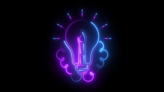 Abstract glowing neon Light Bulb and Brain Icon, Creative Idea, Innovation and Inspiration concept on Black Background. 4k motion graphics video.