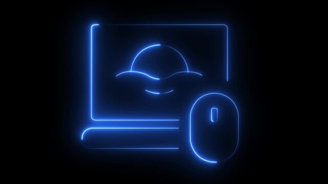 Glowing Neon Computer monitor and mouse Icon, desktop computer technology and digital workspace on Black Background. 4k motion graphics video.