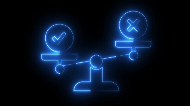 Glowing Neon Balance Scale with Check Mark and Cross Icon, Decision Making, Evaluation and Right or Wrong Concept on black background.