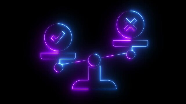 Glowing Neon Balance Scale with Check Mark and Cross Icon, Decision Making, Evaluation and Right or Wrong Concept on black background.