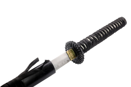 Partially Drawn Japanese Katana Sword with Black Scabbard on transparent background png