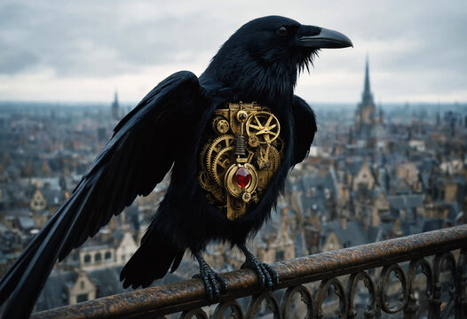 A black crow perches on a balcony railing overlooking a foggy city, revealing a intricate brass clockwork mechanism and red ruby heart within its chest. Surreal steampunk bird in a moody urban setting