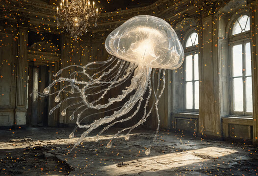 A luminous, glowing jellyfish floats ethereal inside an abandoned ballroom, surrounded by floating golden embers, decaying ornate walls, and tall arched windows. Surreal fantasy scene