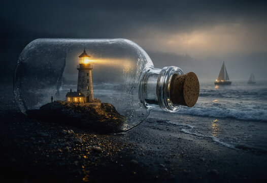 A corked glass bottle rests on a dark ocean shore, encapsulating a glowing miniature lighthouse on a rocky islet. Beyond the bottle, distant sailboats traverse the misty sea in a moody fantasy scene