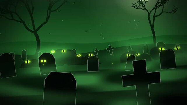 Close up foggy graveyard with glowing slit eyes and bare trees