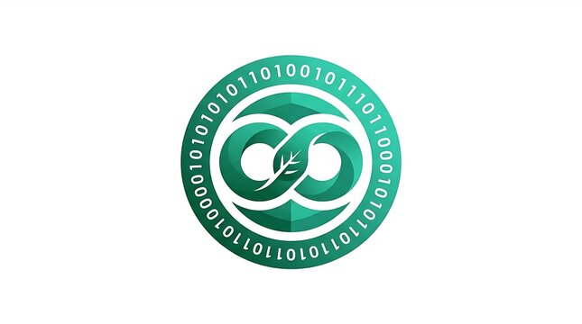 Minimalist Circular Emblem Logo Featuring Outer Binary Code Ring and Nested Infinity Energy Loop with Leaf Motif, Clean Corporate SaaS and Eco Tech Brand Identity, Isolated on White