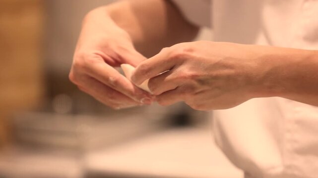 Hands shaping homemade Asian dumplings from fresh dough