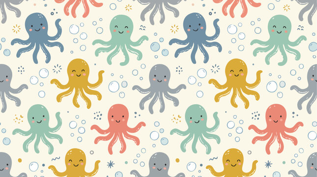 Bright octopus underwater pattern decorated with colorful floating bubbles