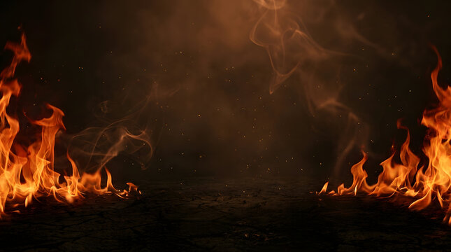 Dramatic background of roaring flames with a dark and smoky atmosphere for impactful visual storytelling
