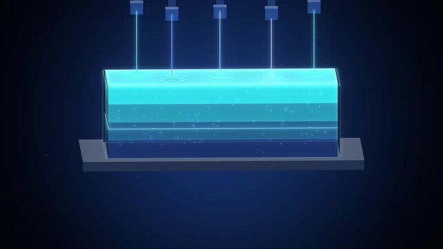 Glass data lake with cyan layers filling from pipes on dark blue