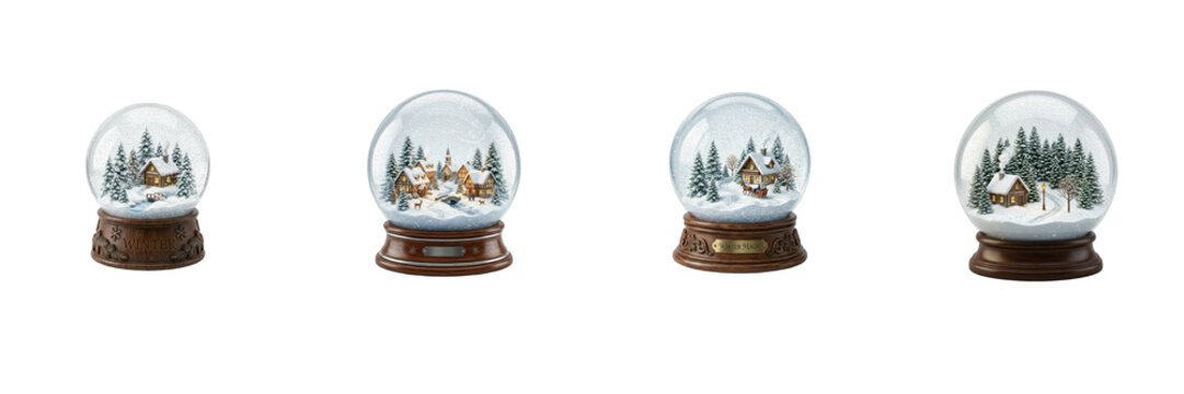 Christmas Snow Globe Set, Winter Wonderland Glass Dome Spheres Collection with Cozy Wooden Cabins and Pine Trees, Festive Holiday Decor Isolated on White Background Stock Photo