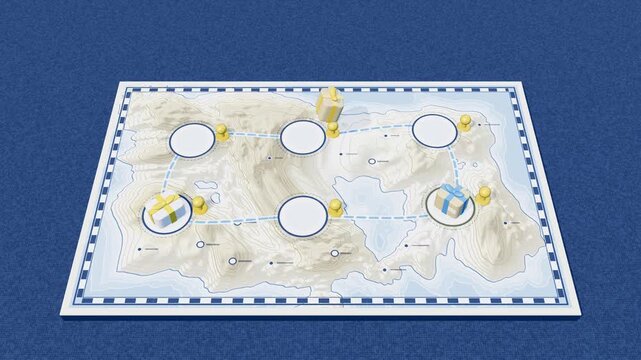 Topographic map with gift boxes and push pins for navigation concept