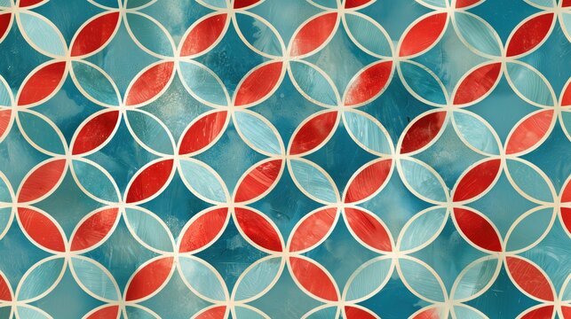 Overlapping oval pattern in teal red and cream for retro geometric textile and packaging design.