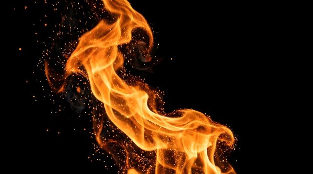 Bright orange flame with glowing sparks rising against a black background