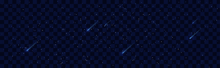 Starry night transparent. Falling meteorite or comet flare. Celestial Vector illustration on dark blue background. © KeronnArt