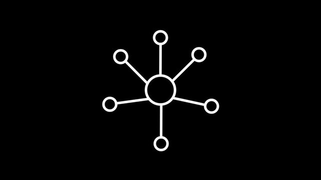 White network node hub connection diagram icon representing data transfer server connectivity structure technology web communication system element isolated dark black background vector.a 4k video