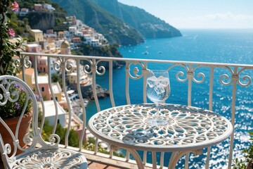 Fototapeta premium Cold drink with ice in glass stands on white iron table on sunny terrace. Scenic view of coastal village, blue ocean from balcony. Relaxing summer holiday atmosphere in Italy with Mediterranean sea,